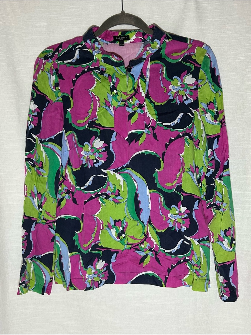 Talbots Retro Pucci Inspired Pink, Green & Navy Paisley-Print Long Sleeve Blouse